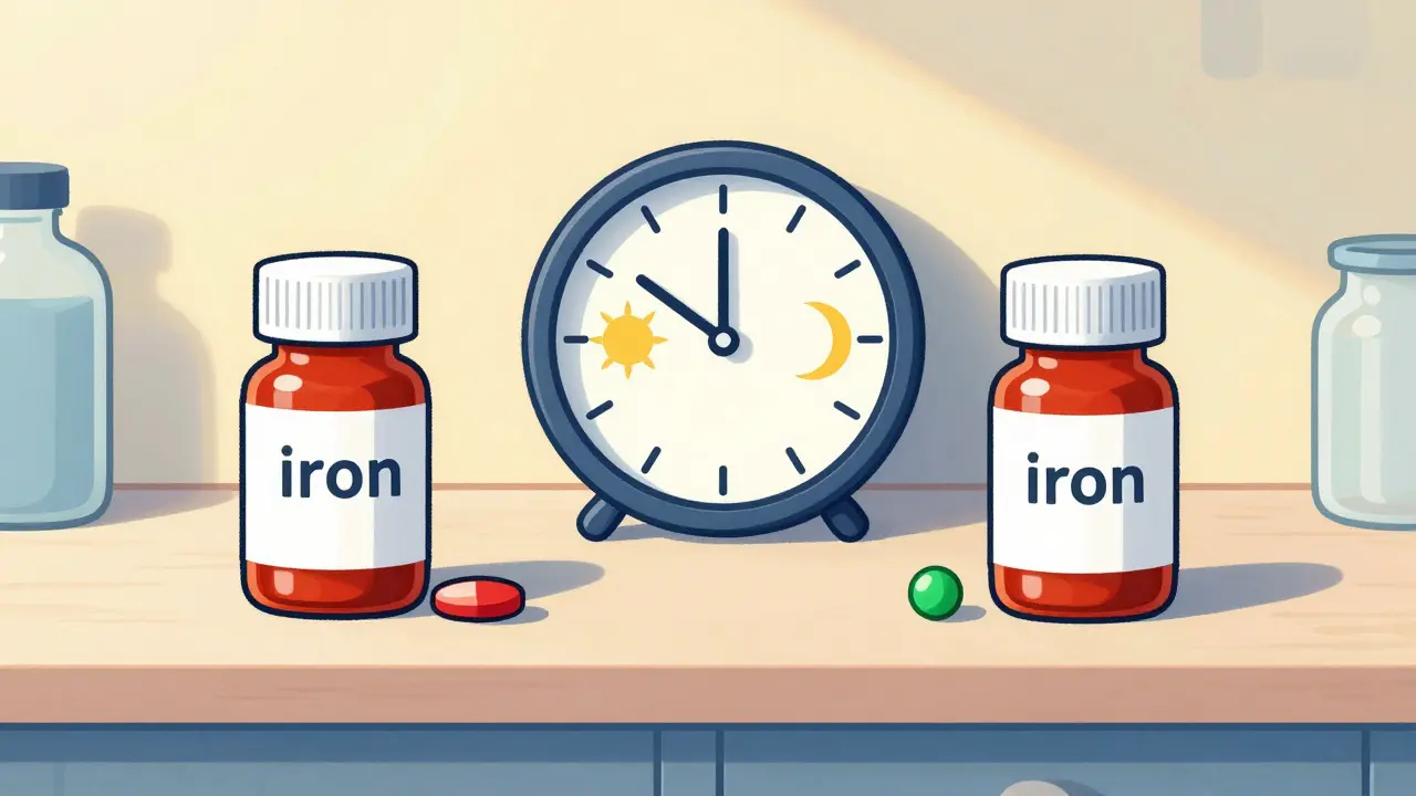 Two pill bottles spaced on clock showing morning and night timing.