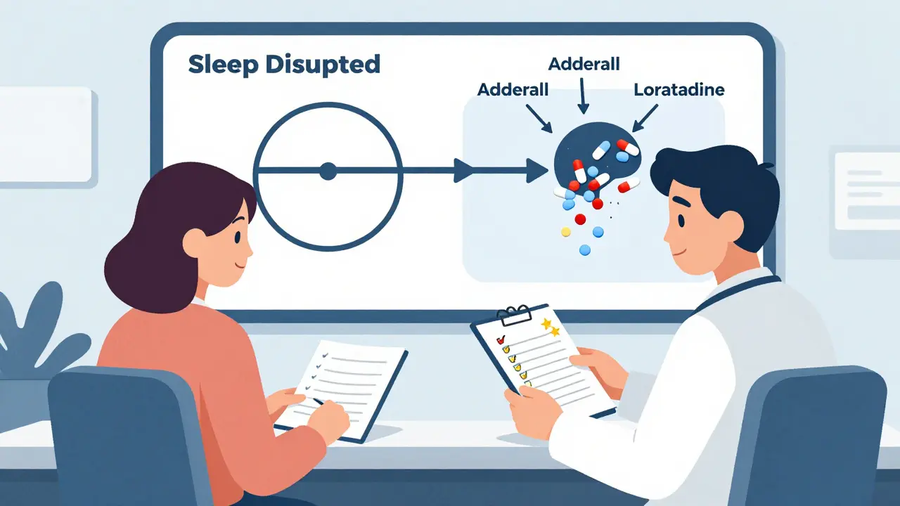 A doctor and patient reviewing a sleep diary while a chart shows how medications disrupt sleep cycles.