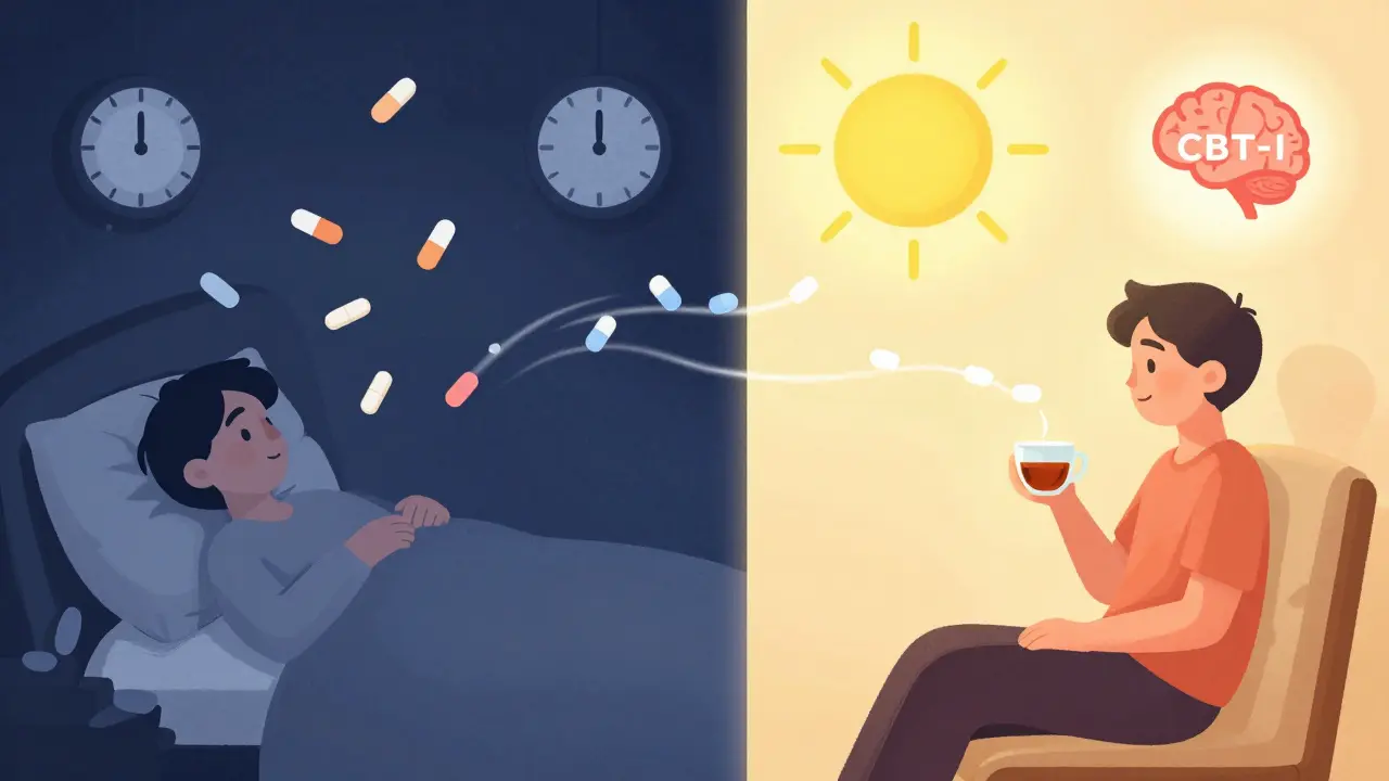 A person in morning light, with a split background showing recovery from medication-related insomnia.