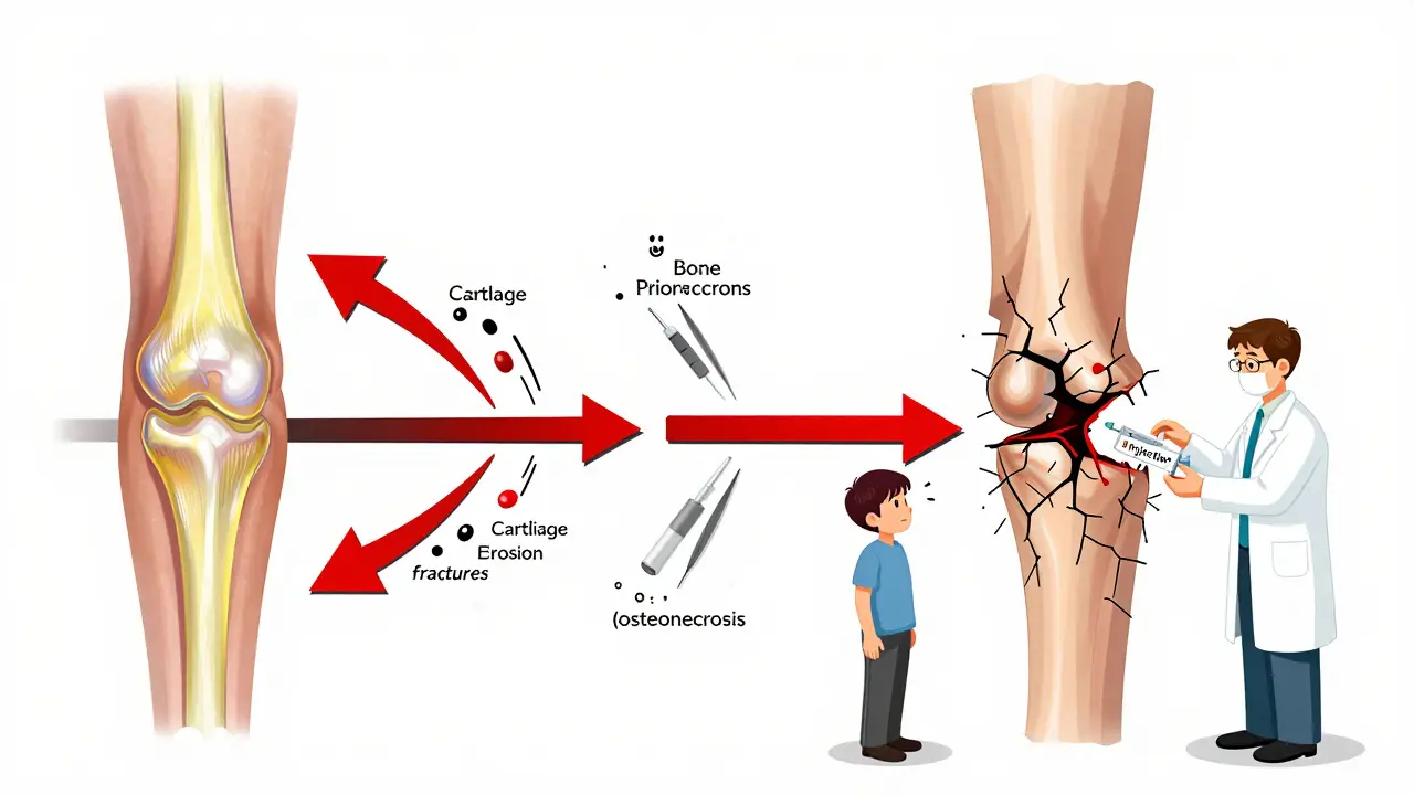 A timeline showing three steroid injections causing progressive joint damage, with cartilage erosion and bone fractures.
