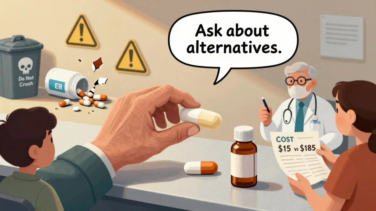 An elderly person struggling to swallow a large extended-release pill, with smaller alternatives and a warning against crushing nearby.