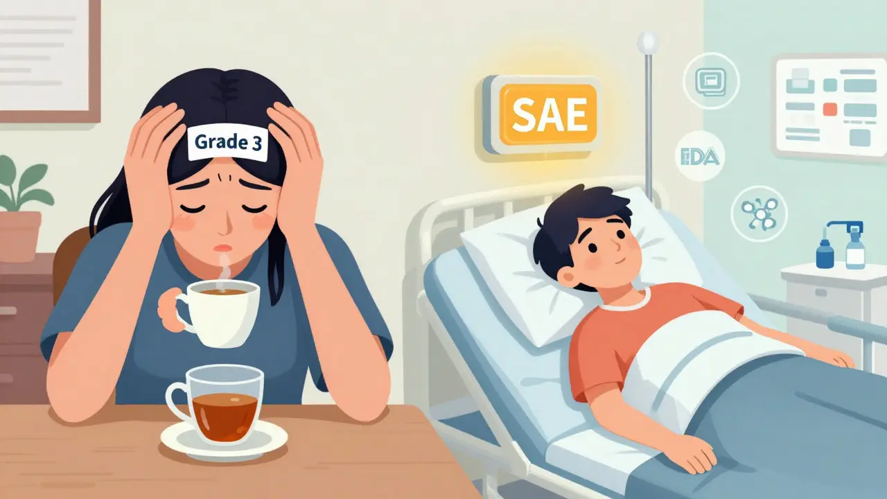 Contrasting scene showing mild nausea at home versus emergency hospitalization, illustrating difference between severe and serious events.