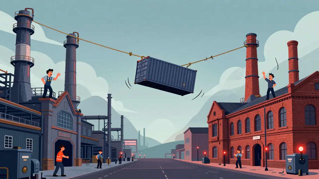 Factories connected by fragile shipping rope