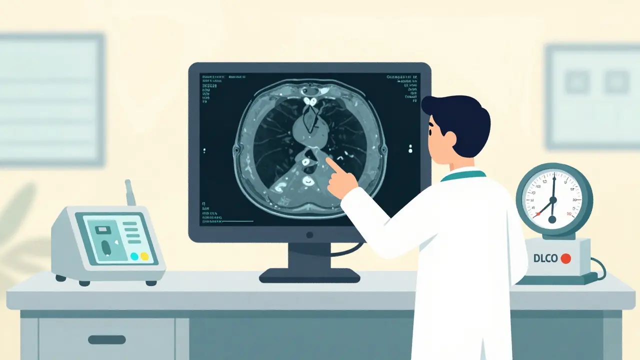 Medical diagnostics showing CT scans and lung function tests