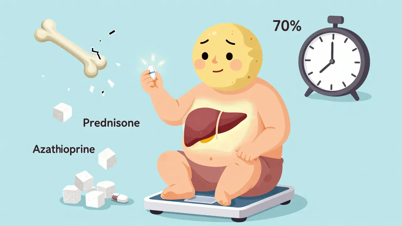 Patient experiencing steroid side effects with azathioprine reducing their impact, symbolizing treatment balance.