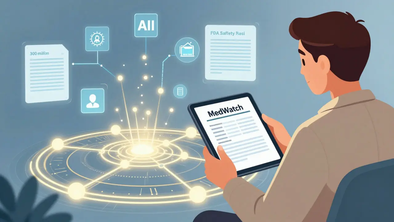 Patient submitting an anonymous FDA MedWatch report while a digital network analyzes adverse event data for safety alerts.