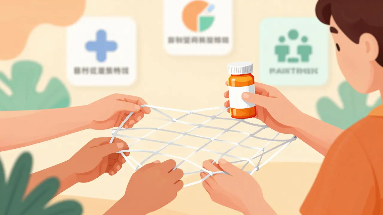 Supportive hands forming safety net around patient with medication.