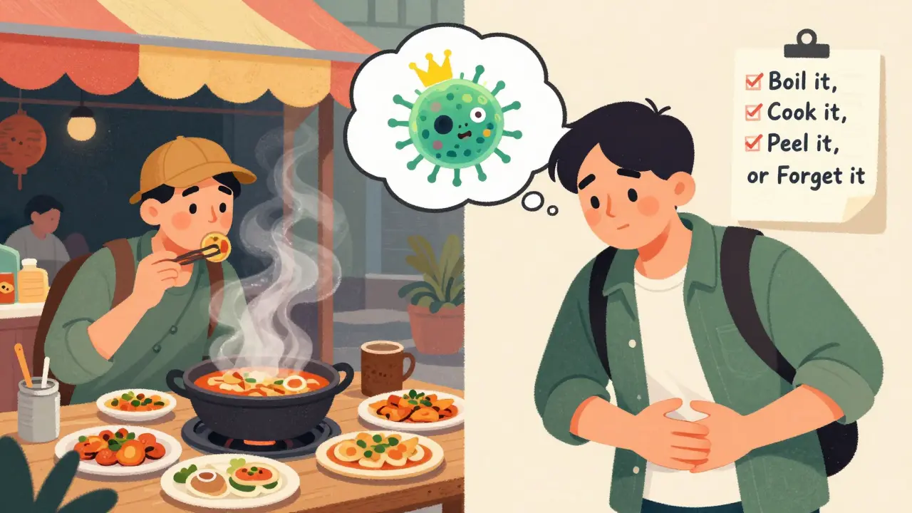 Traveler eating street food while imagining E. coli bacteria, with a food safety checklist on the wall.