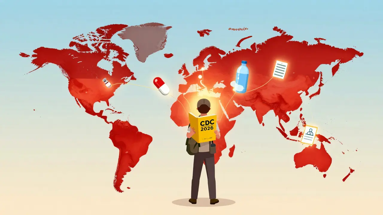 Traveler holding CDC Yellow Book as glowing malaria zones expand on a map, surrounded by prevention icons.
