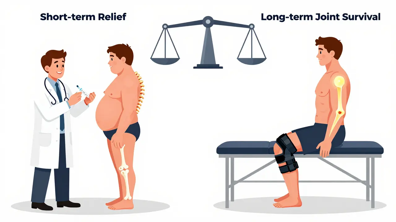 Two paths for joint pain treatment: steroid side effects vs. physical therapy and weight loss, shown in contrasting cartoon style.