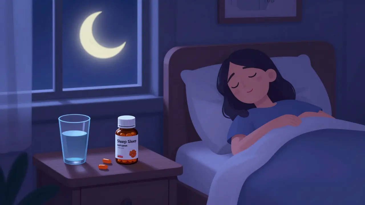 A peaceful nighttime bedroom scene with a bottle of sleep aid on a bedside table under moonlight.