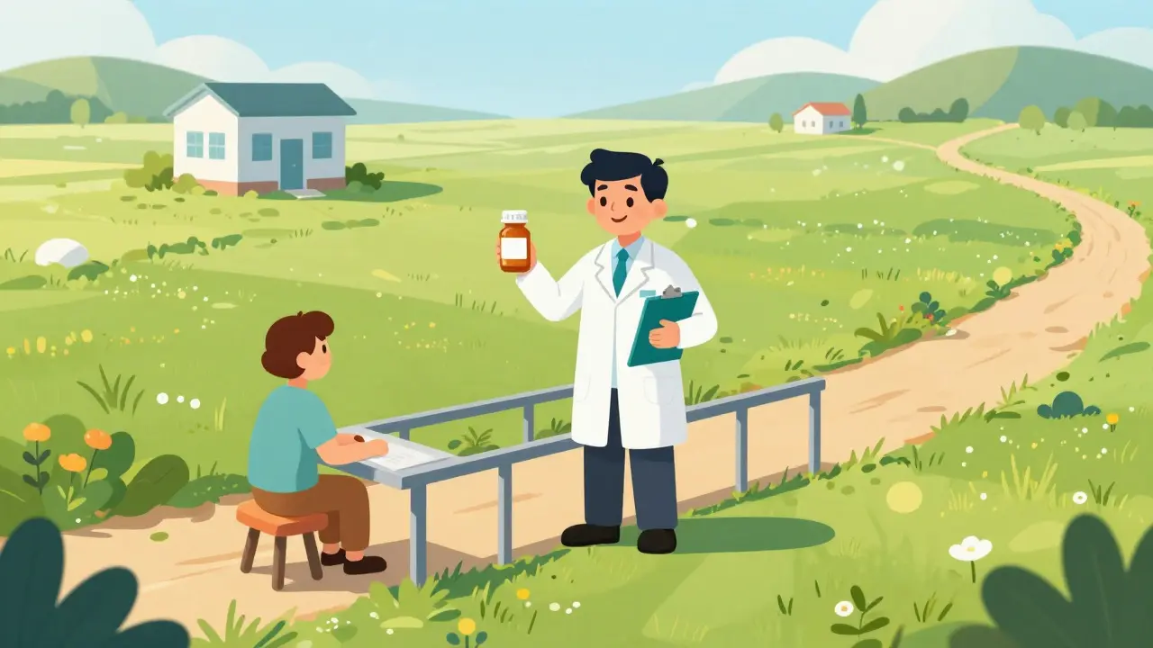 Cartoon of a pharmacist providing essential healthcare access to a patient in a rural area.