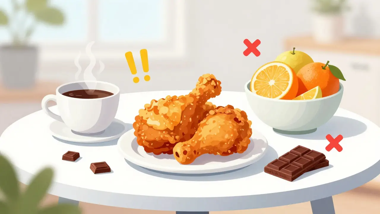 Colorful illustration of GERD trigger foods including coffee, fried chicken, citrus, and chocolate