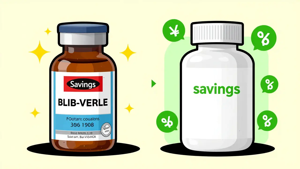 Comparison between an expensive brand name medicine bottle and a budget-friendly generic bulk bottle.