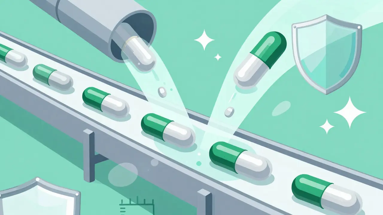 Conceptual art of identical pill manufacturing streams merging safely