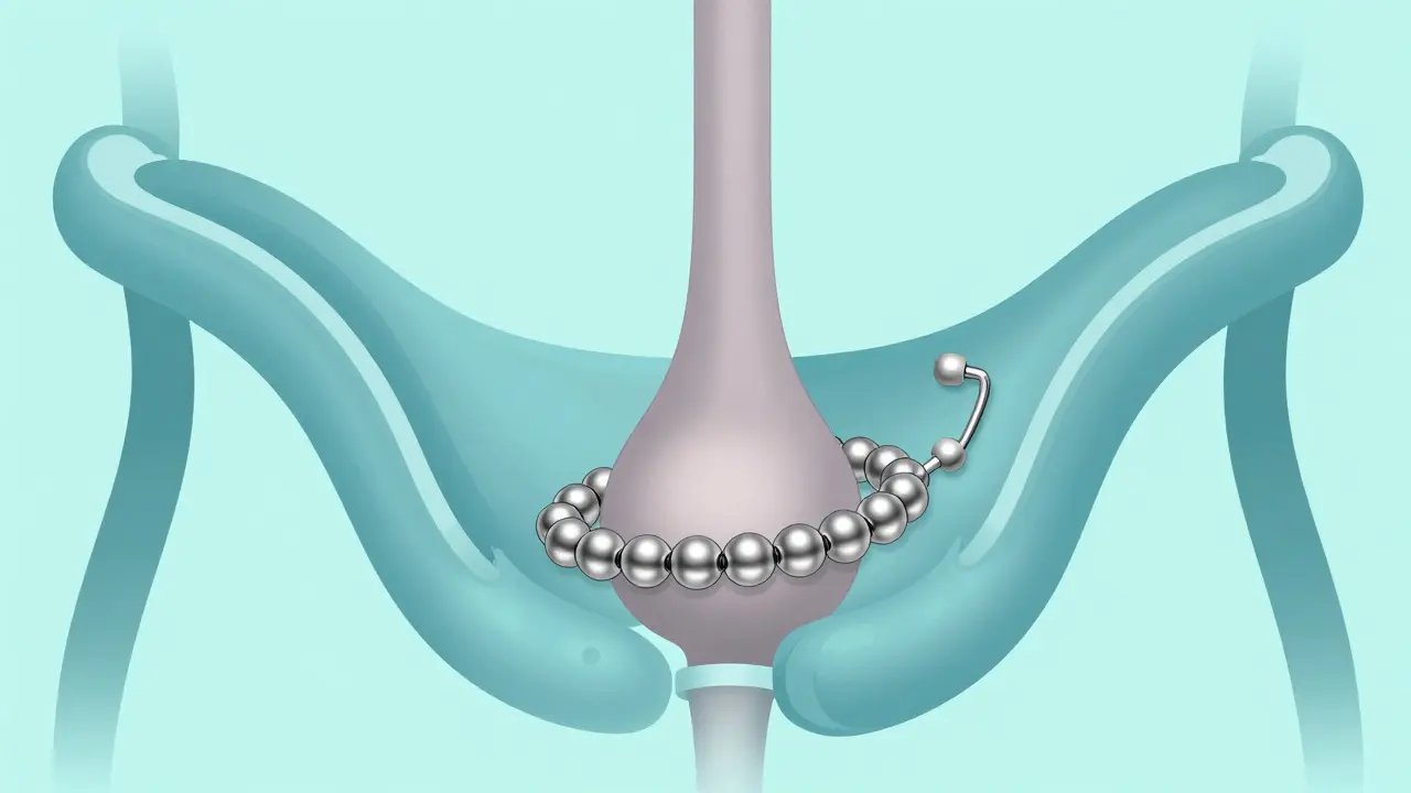 Conceptual illustration of a titanium bead device encircling the lower esophageal sphincter