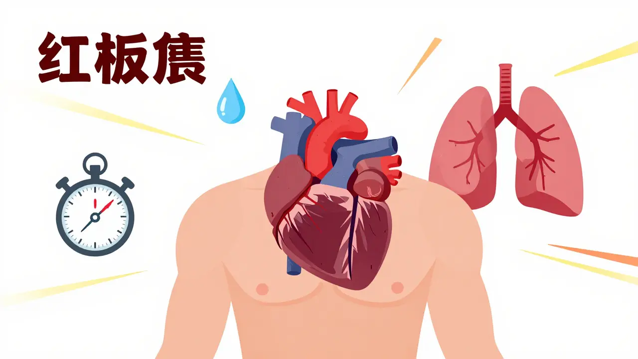 Conceptual illustration showing medical red flags like cold sweats and rapid heart rate.