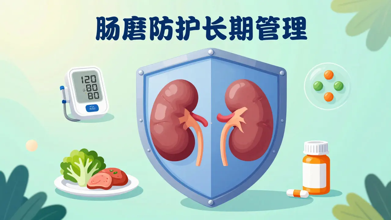 Conceptual image of a shield protecting kidneys with healthy food and blood pressure monitoring.