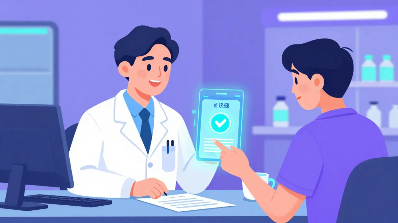 Doctor and patient using a futuristic digital app for instant medication certification