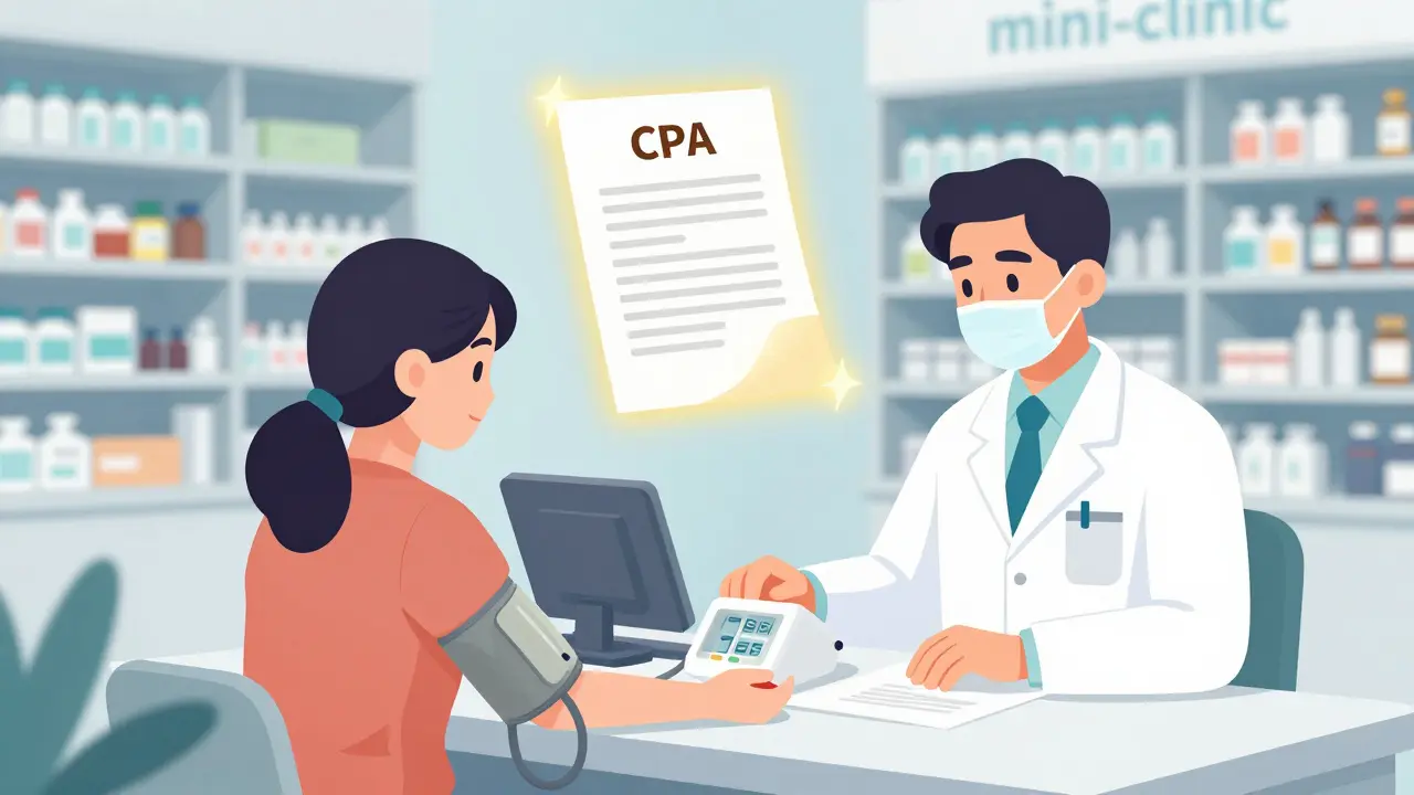 Editorial illustration of a pharmacist managing patient health in a modern pharmacy clinic setting.