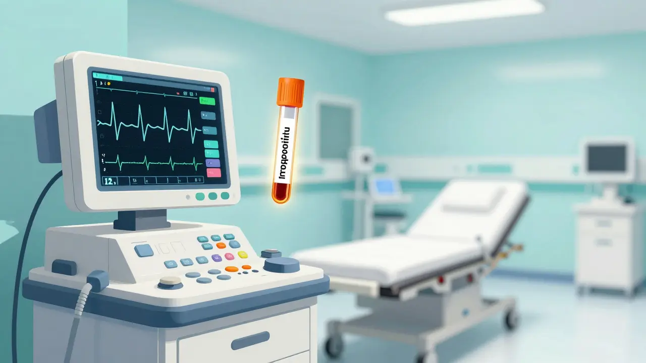 Illustration of an ECG machine and blood test tube in a modern emergency room setting.