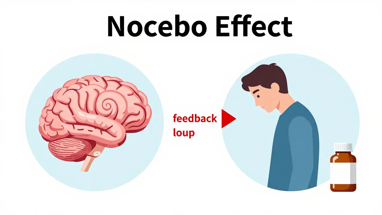 Illustration showing the nocebo effect as a loop between a worried brain and physical dizziness.