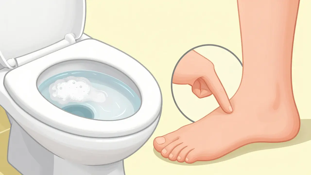 Illustrations showing foamy urine and swelling in the ankle as signs of protein in urine.