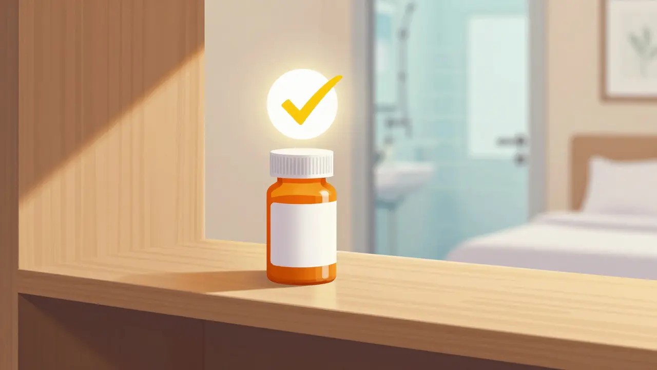 Medication bottle stored correctly on a dry bedroom shelf away from the bathroom.