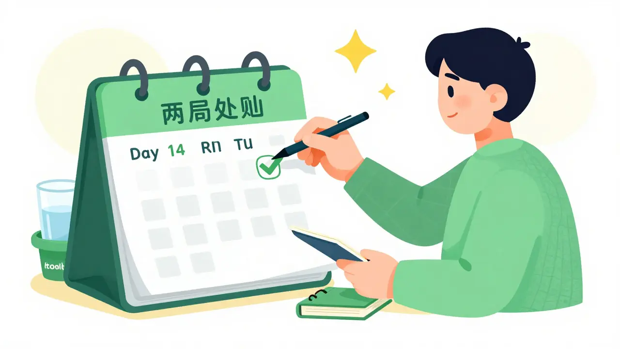 Person marking a 14-day calendar with a checkmark next to a glass of water and journal.