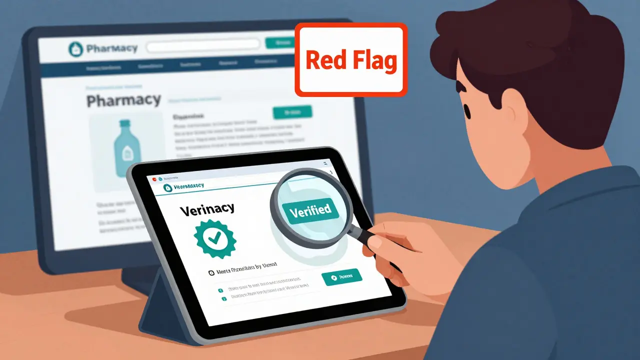 Person verifying the legitimacy of an online pharmacy website.