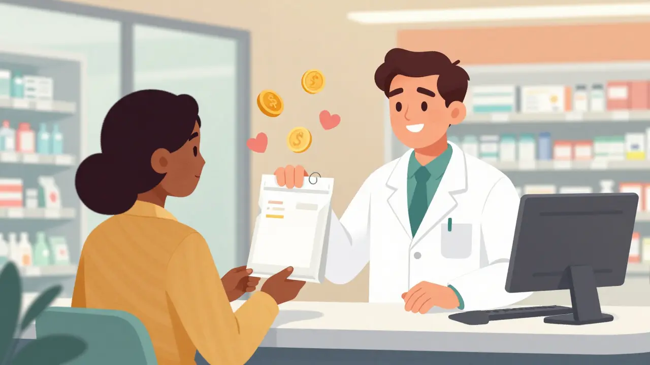 Smiling customer holding plain prescription bag at pharmacy counter