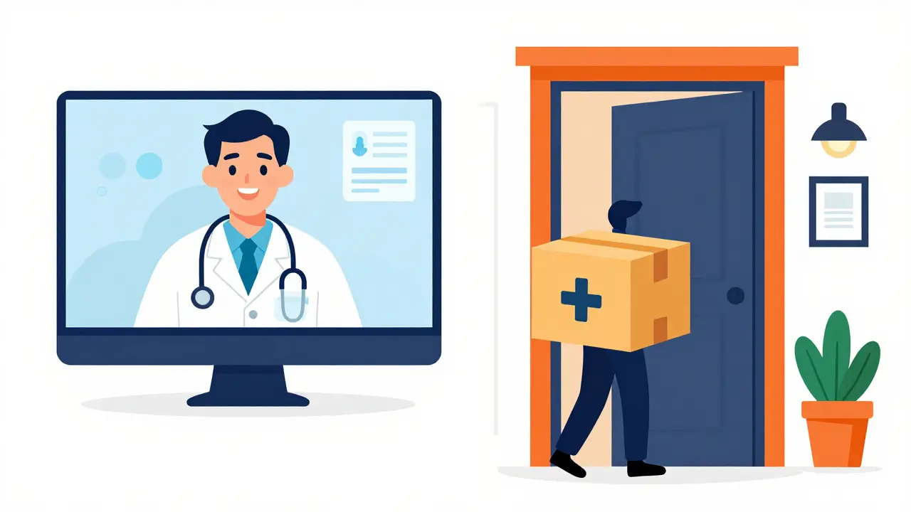 Split-screen showing a telehealth video call and a pharmacy delivery package.