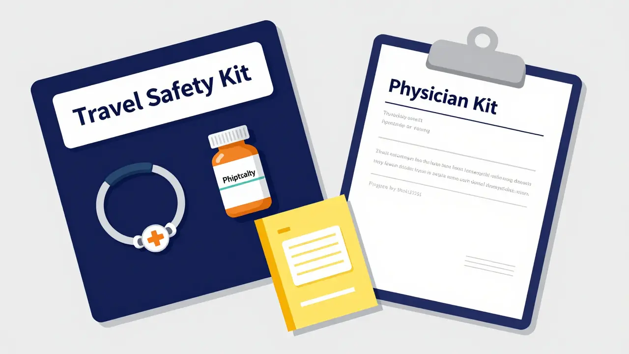 Travel safety kit with a medical alert bracelet, prescription bottle, and medical documents.