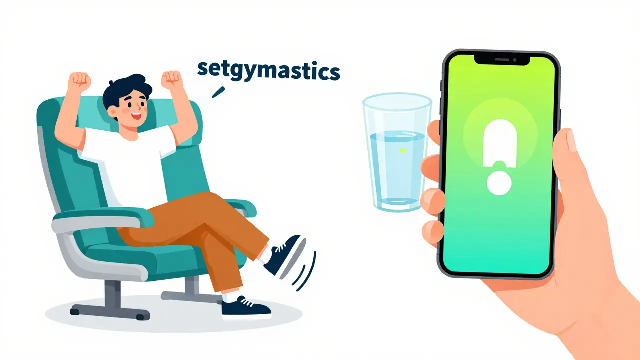 Traveler exercising in an airplane seat and using a medication reminder app.
