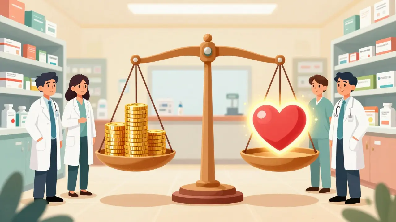 Cartoon scale balancing medical costs and patient care
