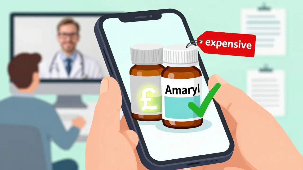 Cartoon showing cost savings of generic glimepiride vs brand name Amaryl