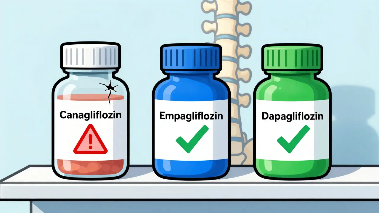 Comparison of SGLT2 drugs showing one with fracture warning and others as safe.