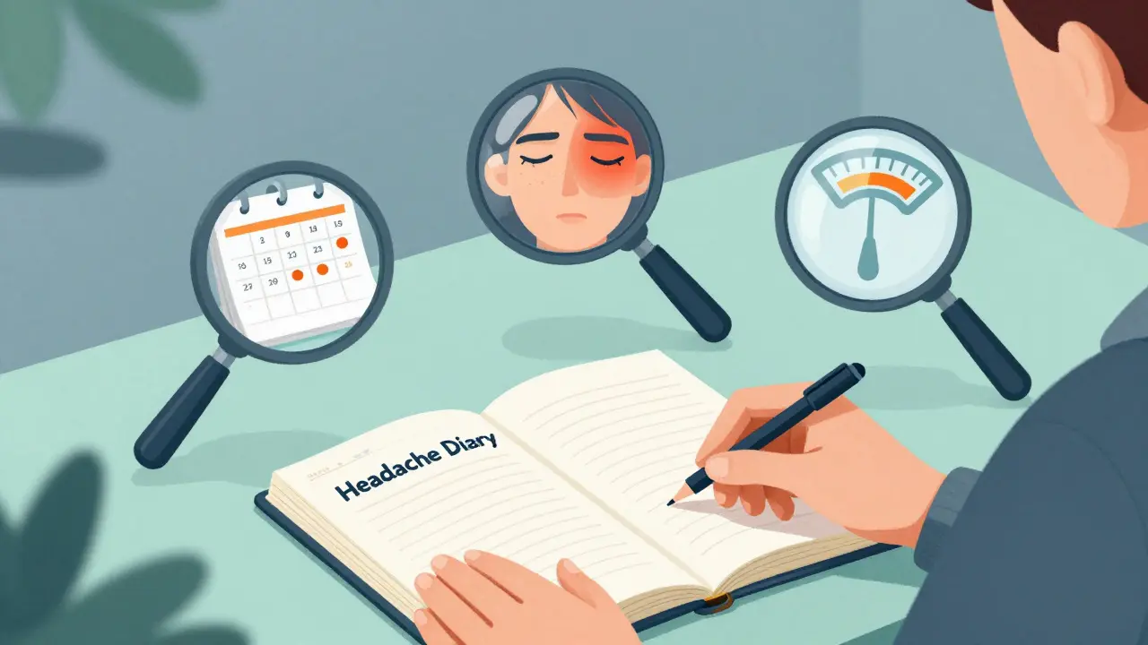 Conceptual art of a person tracking headache symptoms in a diary for better diagnosis.