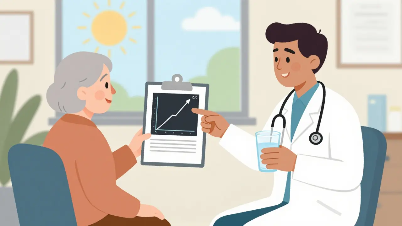 Doctor advising patient on bone health, hydration, and nutrition for diabetes care.
