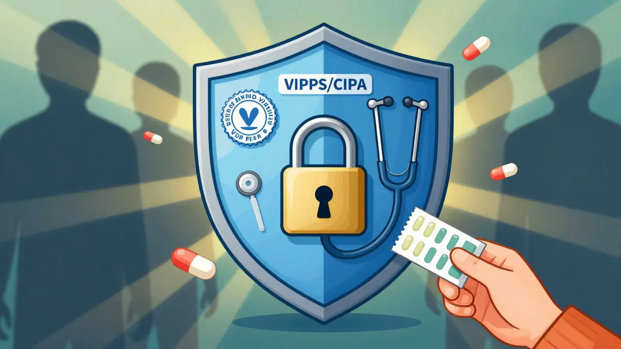 Editorial art depicting safety shields protecting against fake online drugs