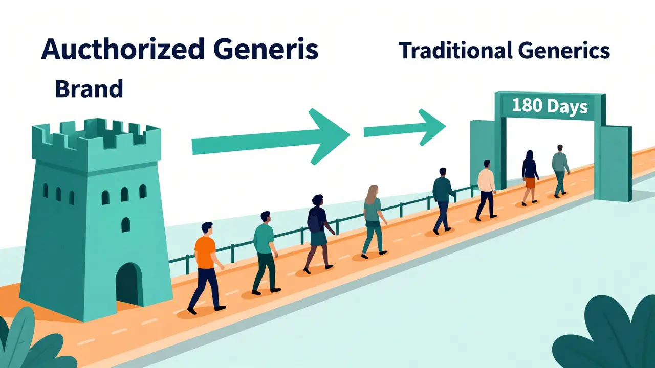 Editorial cartoon depicting market timelines where authorized generics offer early savings before full generic competition.