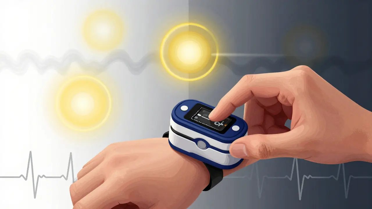 Hand checking pulse with visual distortion symbols in background