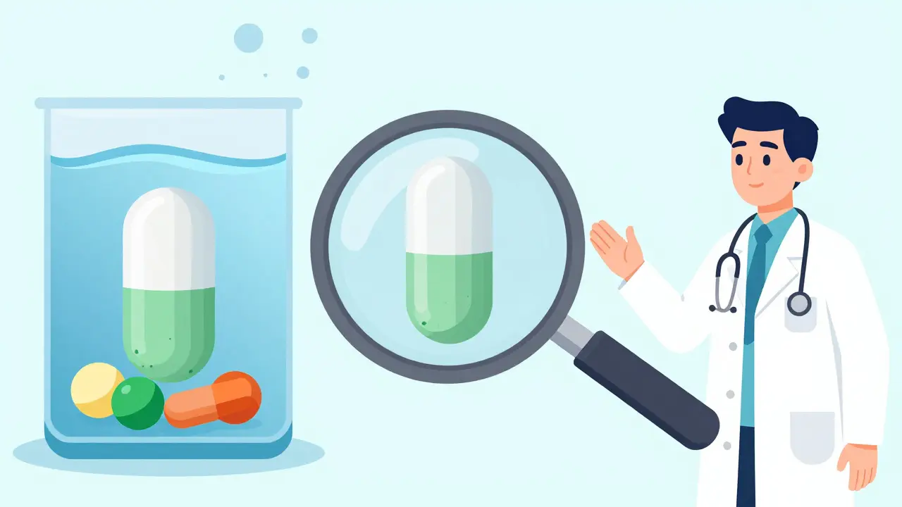 Illustration comparing pill dissolution, showing authorized generics match brand formulation unlike traditional generics.