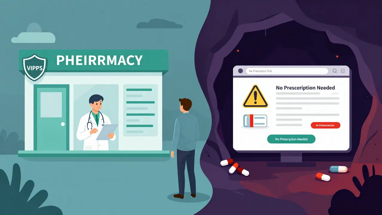Illustration comparing safe verified pharmacies to unsafe online sites.
