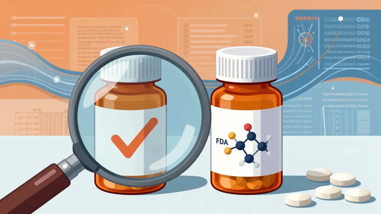 Illustration of magnifying glass inspecting generic pill bottles