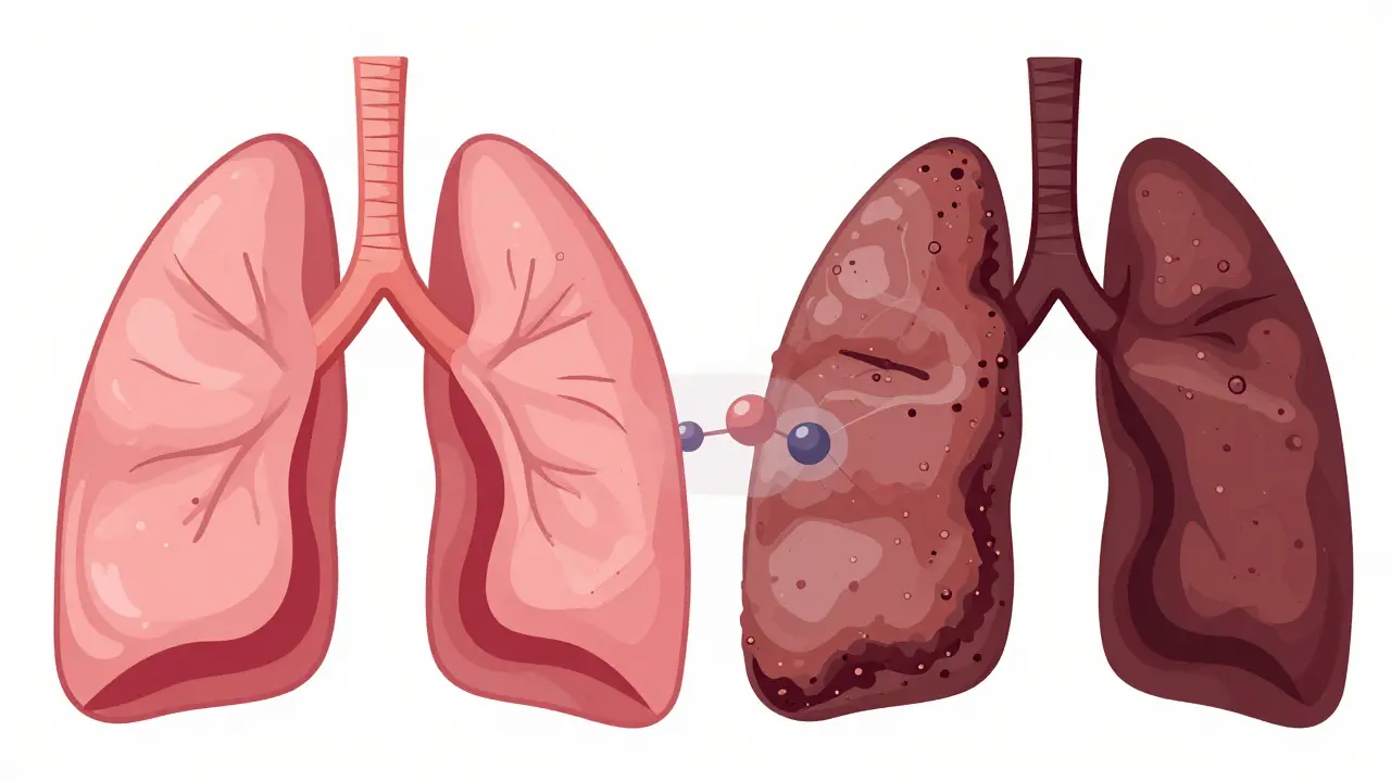 Medical illustration comparing healthy vs scarred lung tissue