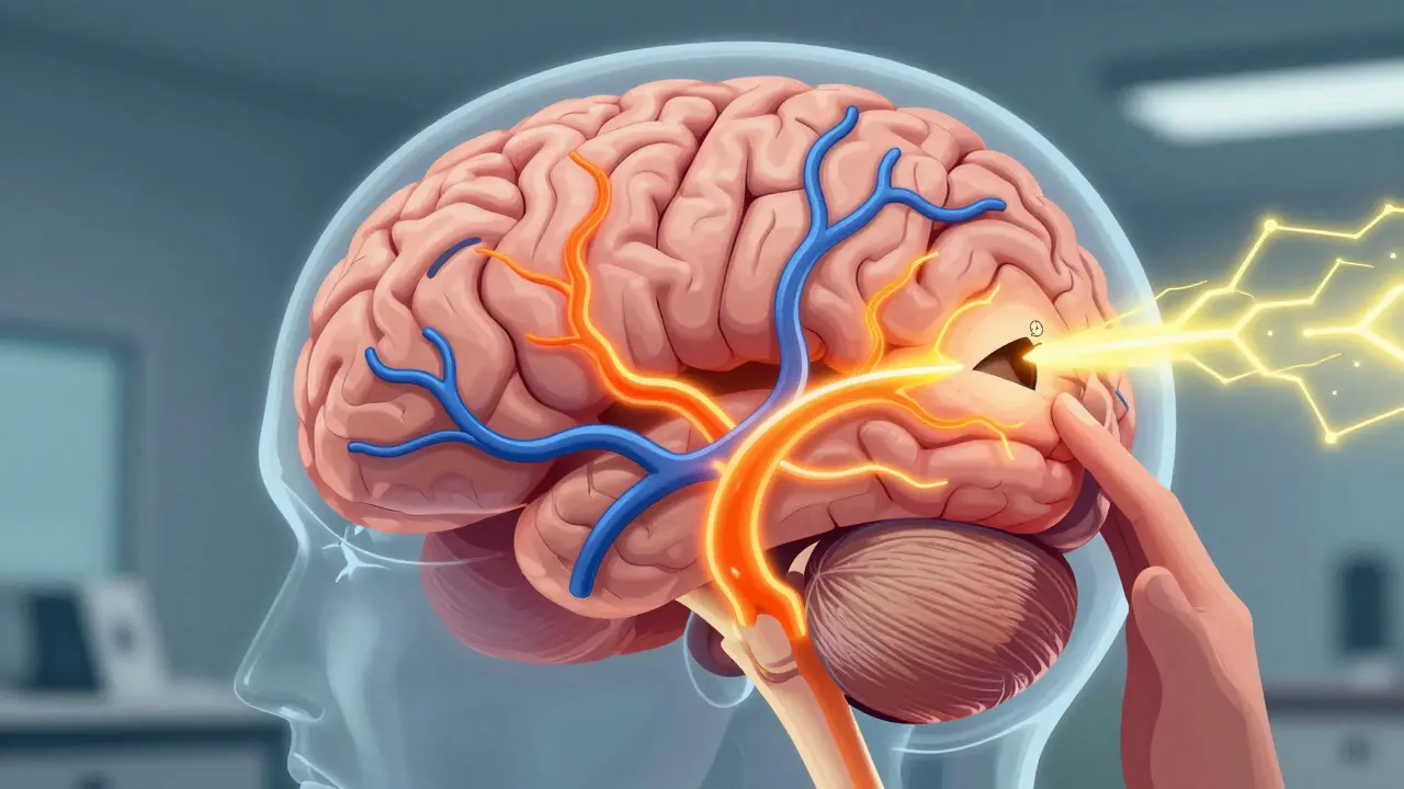 Medical illustration showing distinct neural pathways for three types of headaches in the brain.