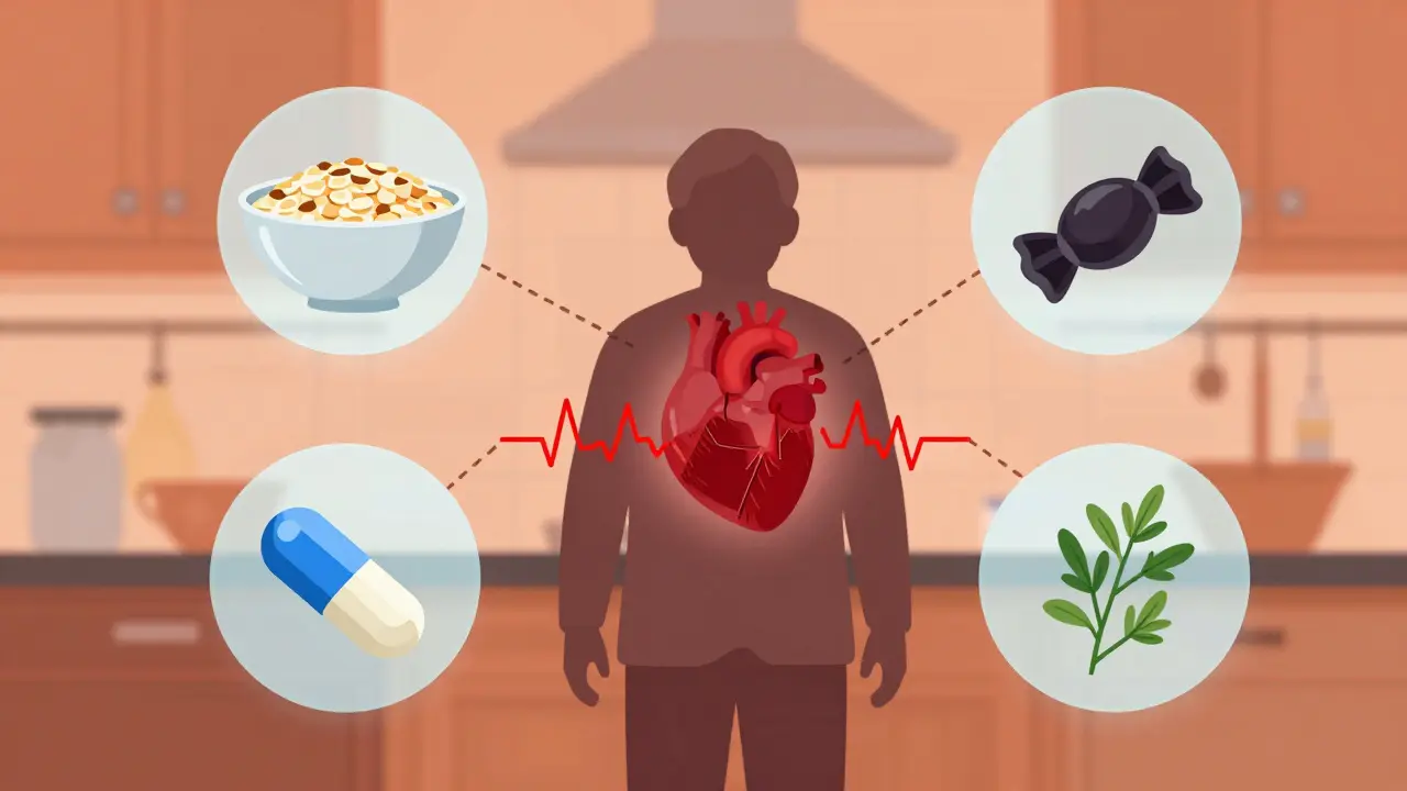 Patient surrounded by food and drugs that interact with medication