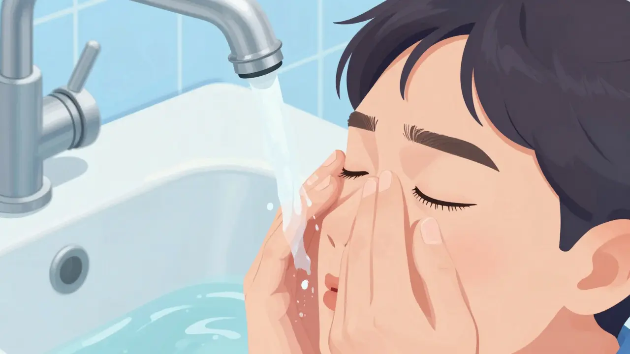 Person flushing eye with water at sink