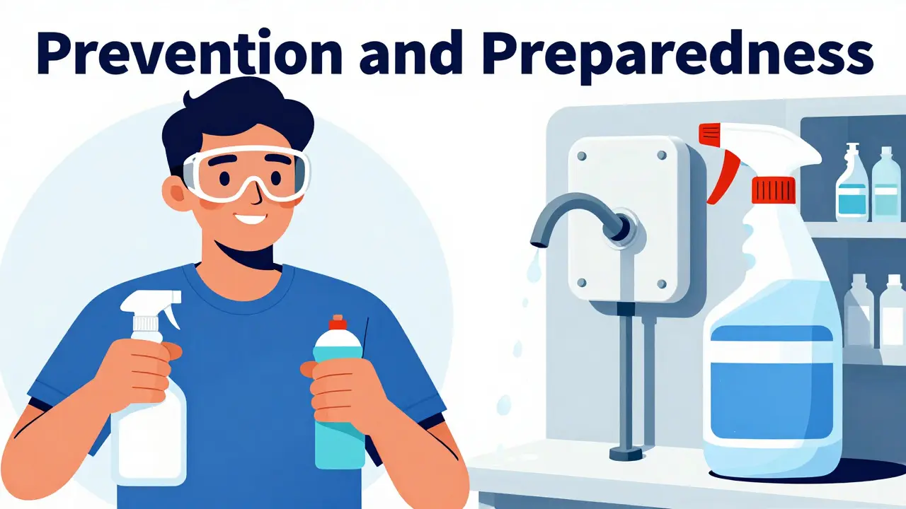 Safety goggles and eyewash station prep